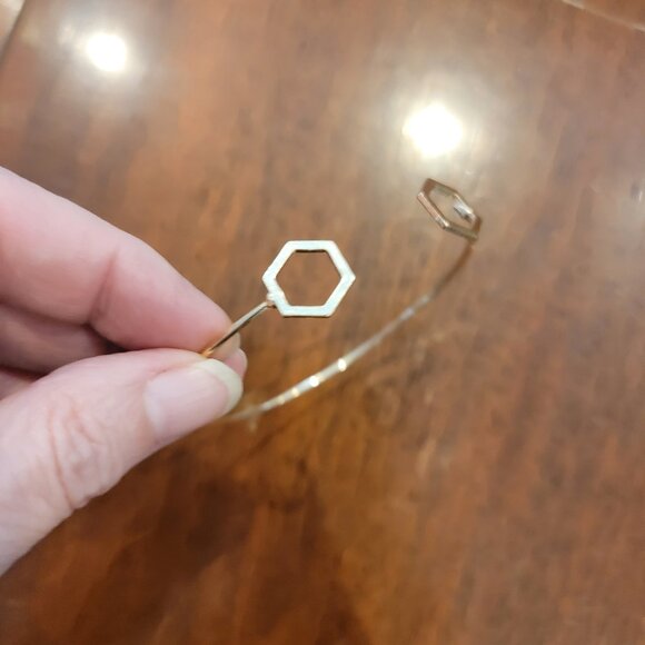 Open Cuff Gold Tone Metal Bracelet w Hexagonal Bookend - Picture 3 of 7